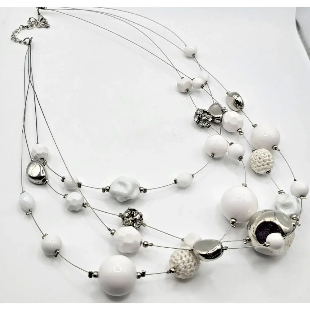 Vintage 90s Fashion White Silver Floating Station Necklace Chunky 22in